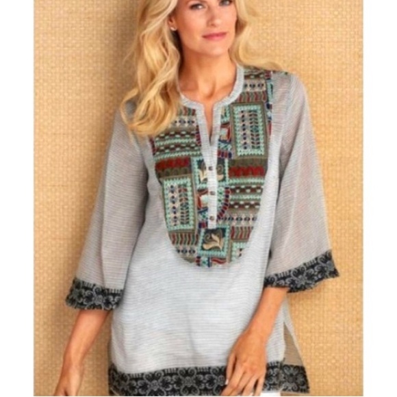 SOFT SURROUNDINGS Havana Grey Stripe Sheer Embroidered Tunic Top Size L - Picture 2 of 11